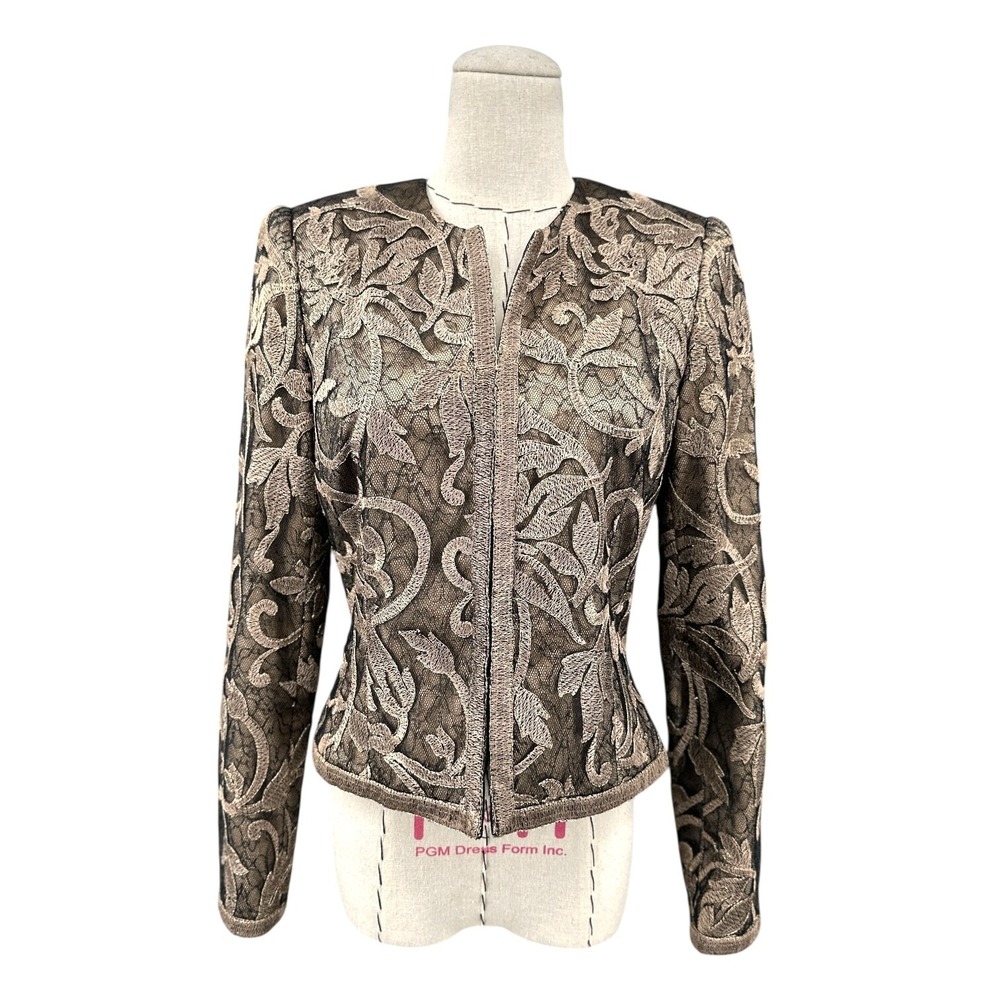Carmen Marc Valvo Signature Lace Jacket Womens 2 Poly Rayon Bronze Black